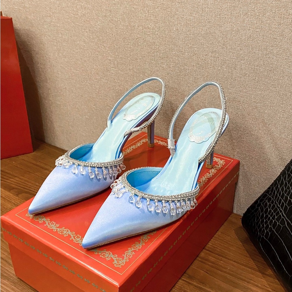 Light Blue Satin Pointed Slingback Heels with Crystal Teardrop Trim - Picture 3 of 8